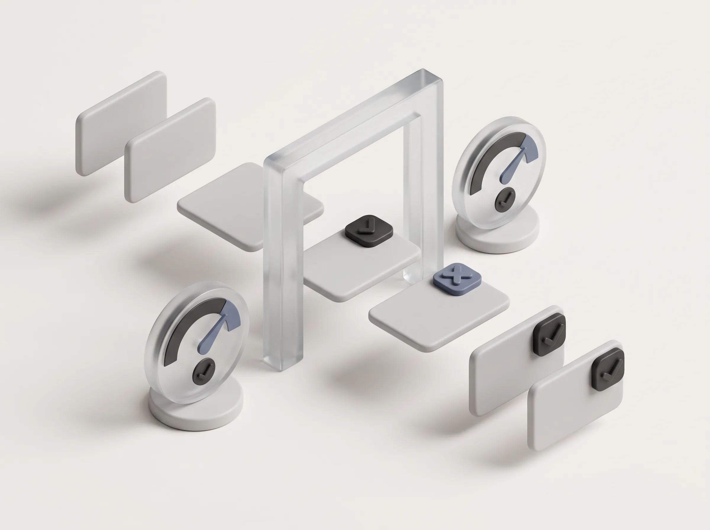 Model outputs passing through a grading gate with pass and fail stamps and score gauges