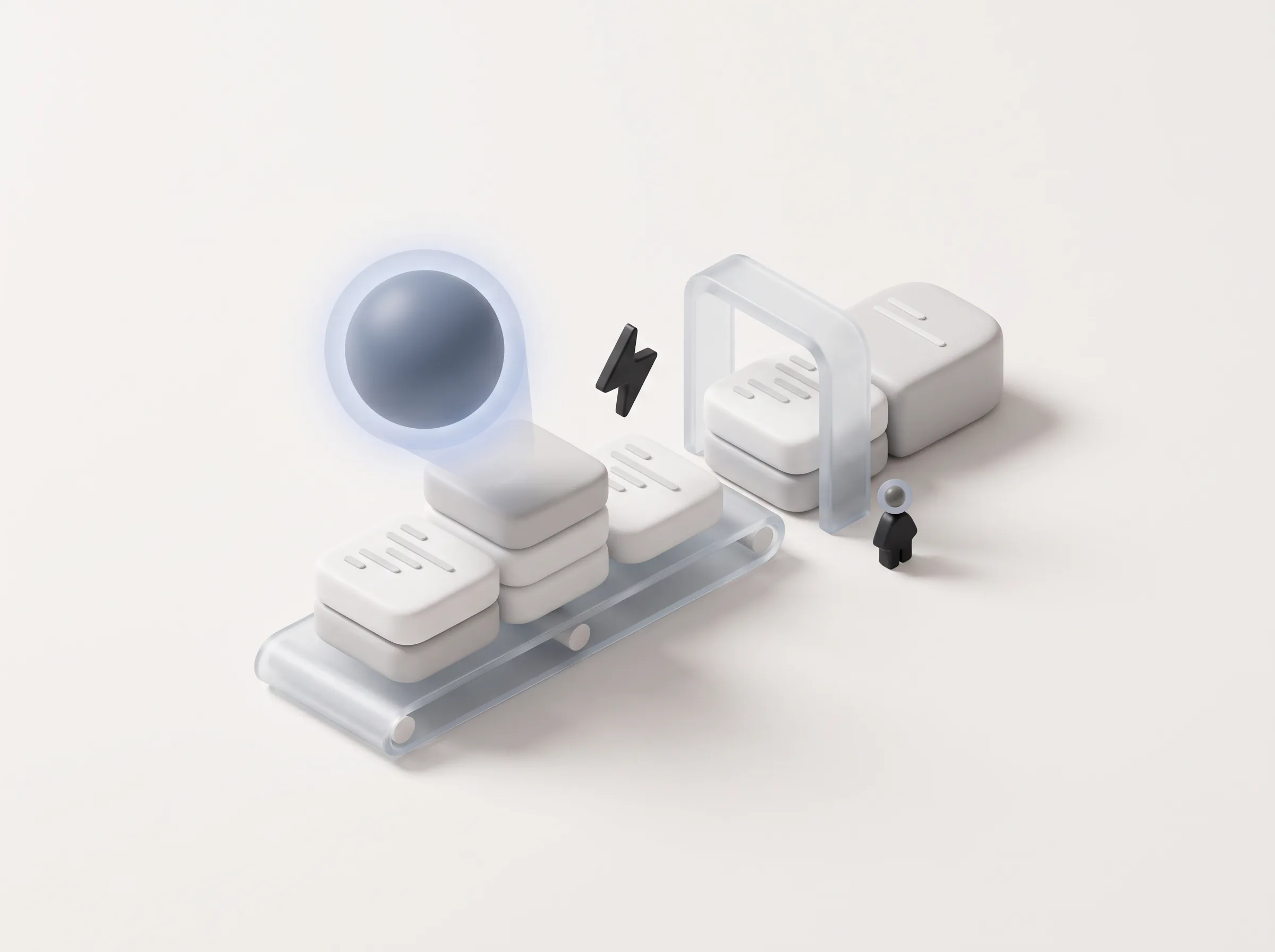 An AI orb assembling code blocks on a conveyor that passes a human review gate
