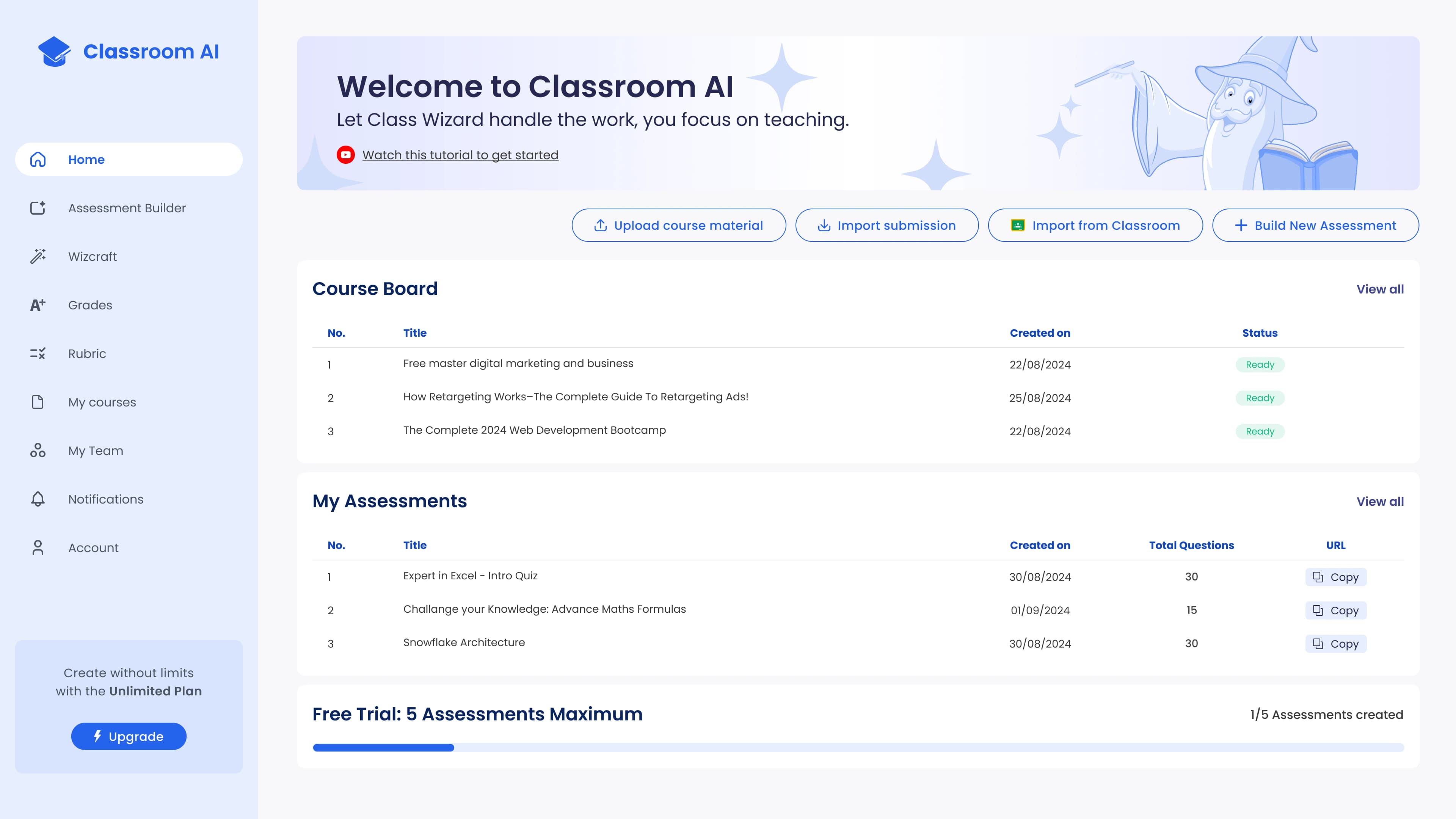 Classroom AI — Magic Grader dashboard