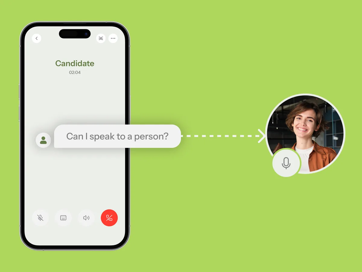A warm handover to a recruiter, transcript carried across