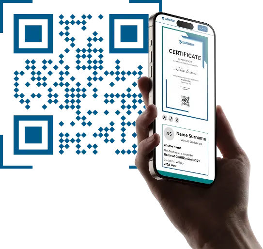 Tamper-Proof - phone displaying a verified blockchain certificate with QR code