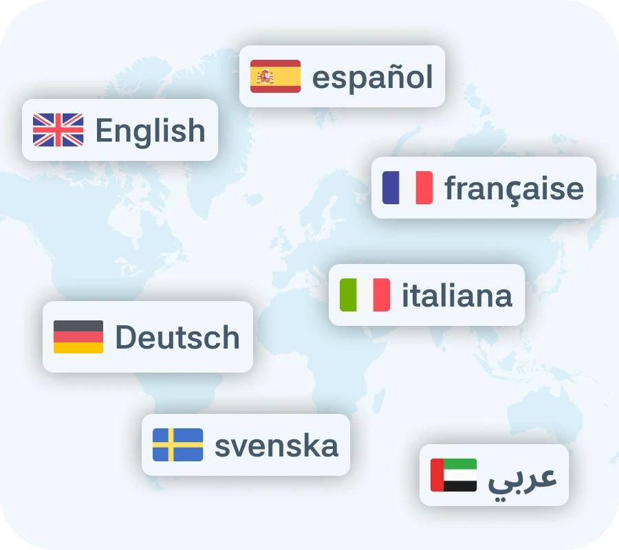 Seven supported languages: English, Spanish, French, Italian, German, Swedish and Arabic