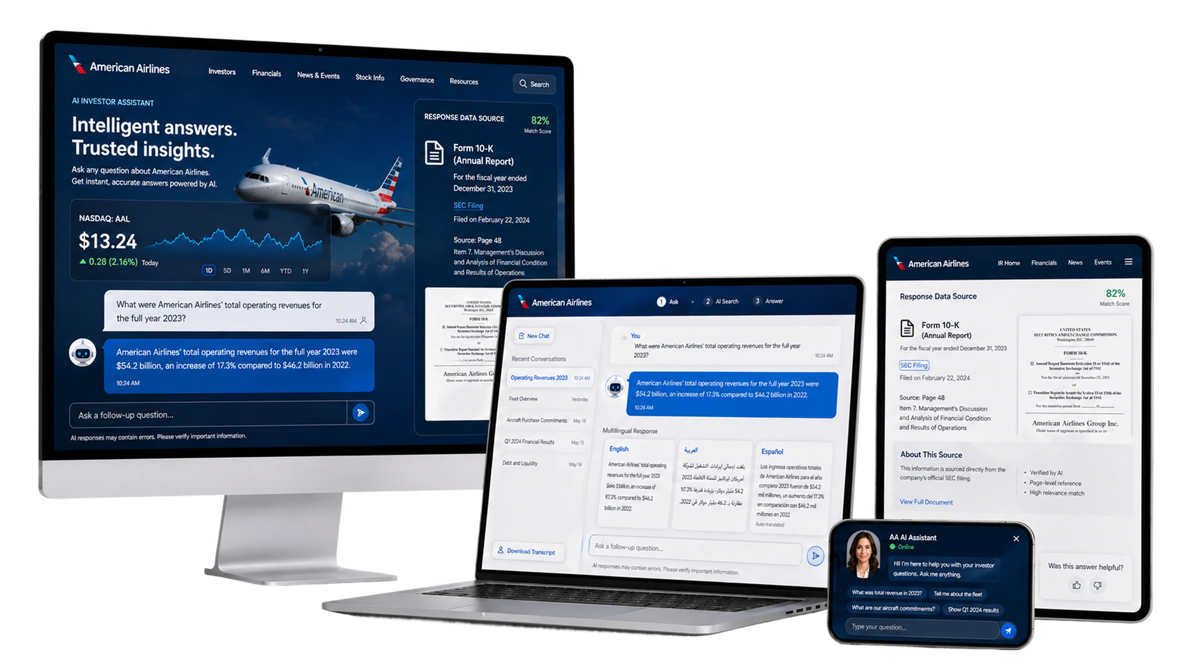 American Airlines AI investor assistant on desktop, laptop, tablet and mobile