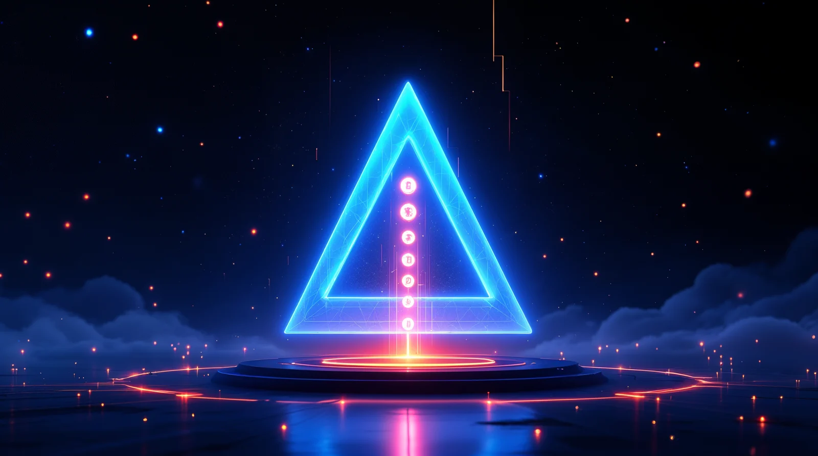 Apollo decentralized launchpad concept - glowing delta launch structure with ascending tokens