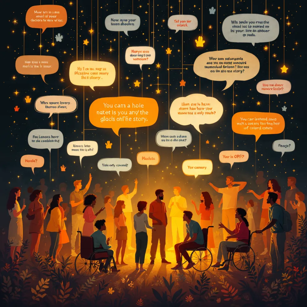 A diverse, inclusive community sharing stories across languages and abilities, connected by warm light