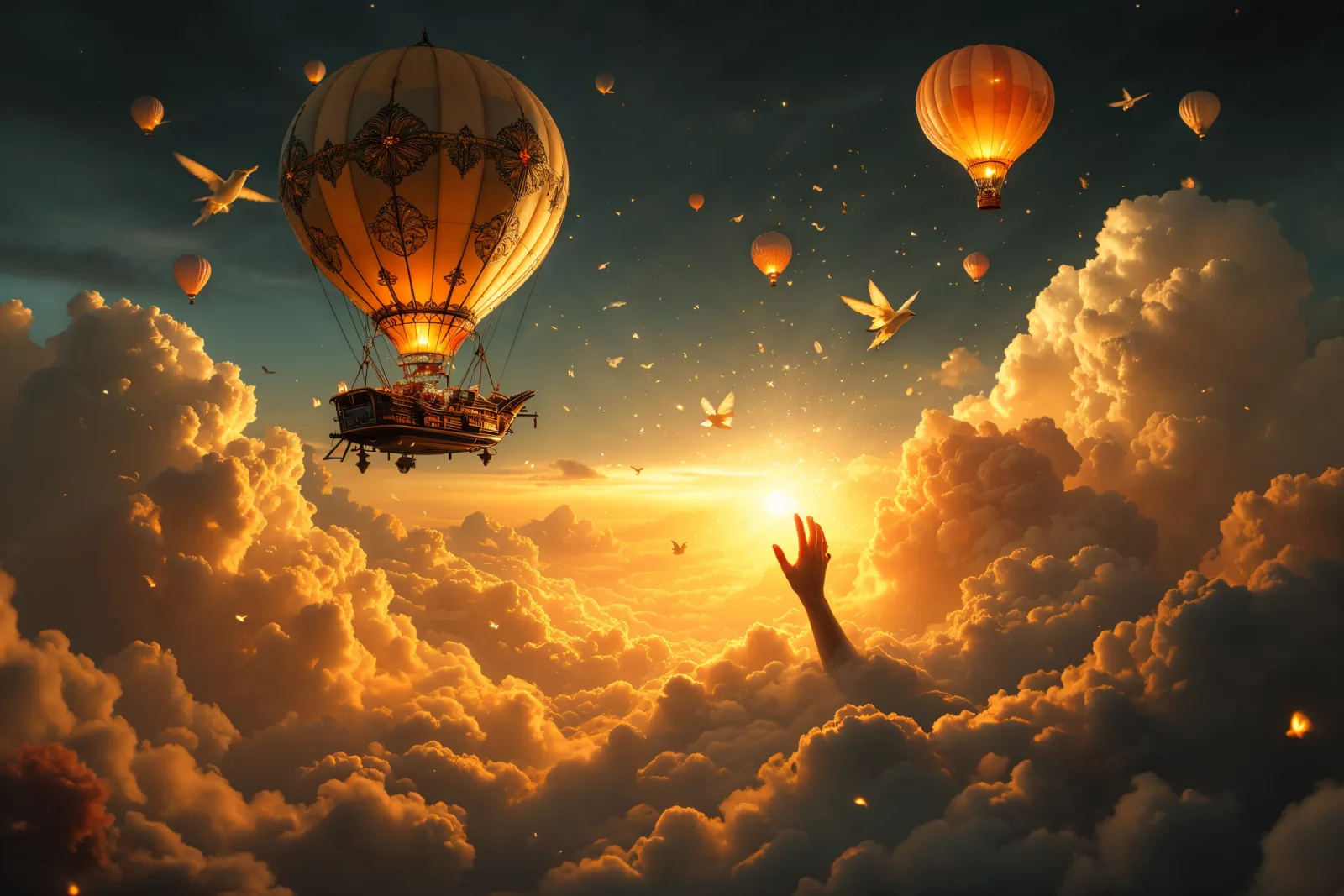 A surreal dreamscape of airships and balloons drifting above golden clouds with a hand reaching toward the light - the imaginative world of Biblo content publishing