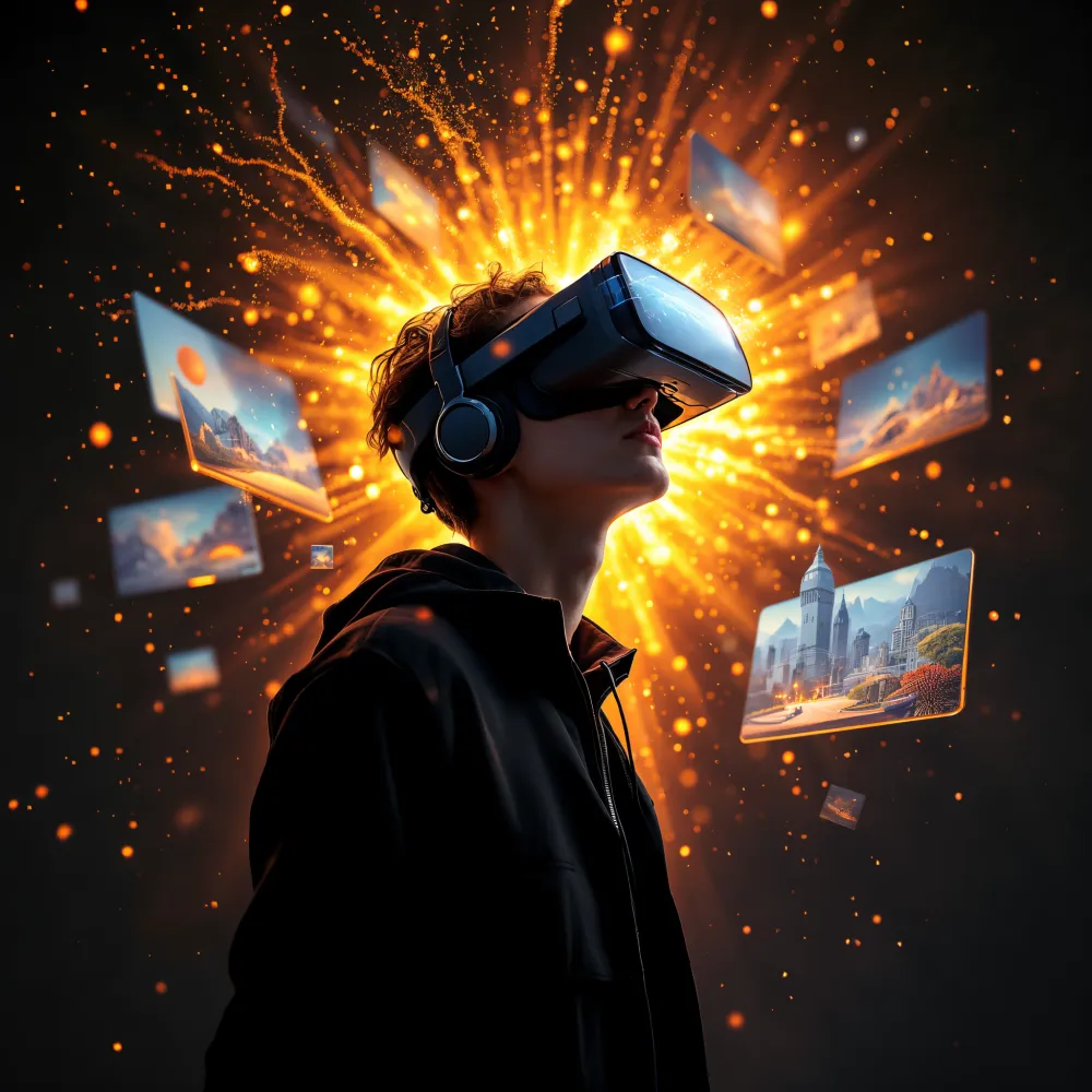 A creator wearing a VR headset surrounded by floating 3D story worlds and golden light - the immersive Biblo experience
