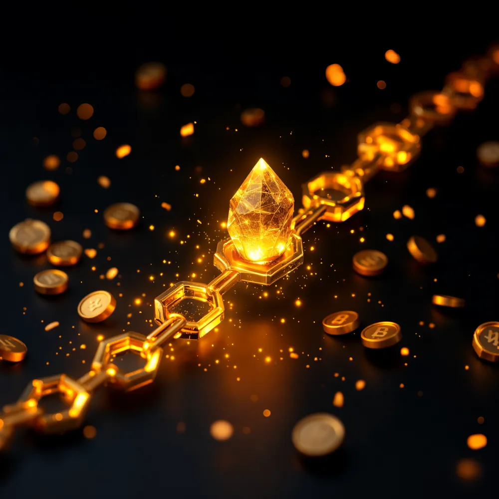A glowing NFT crystal and gold coins flowing along a hexagonal blockchain - on-chain royalties and ownership