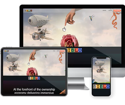 The Biblo content publishing platform shown responsively across a desktop monitor, tablet, and smartphone