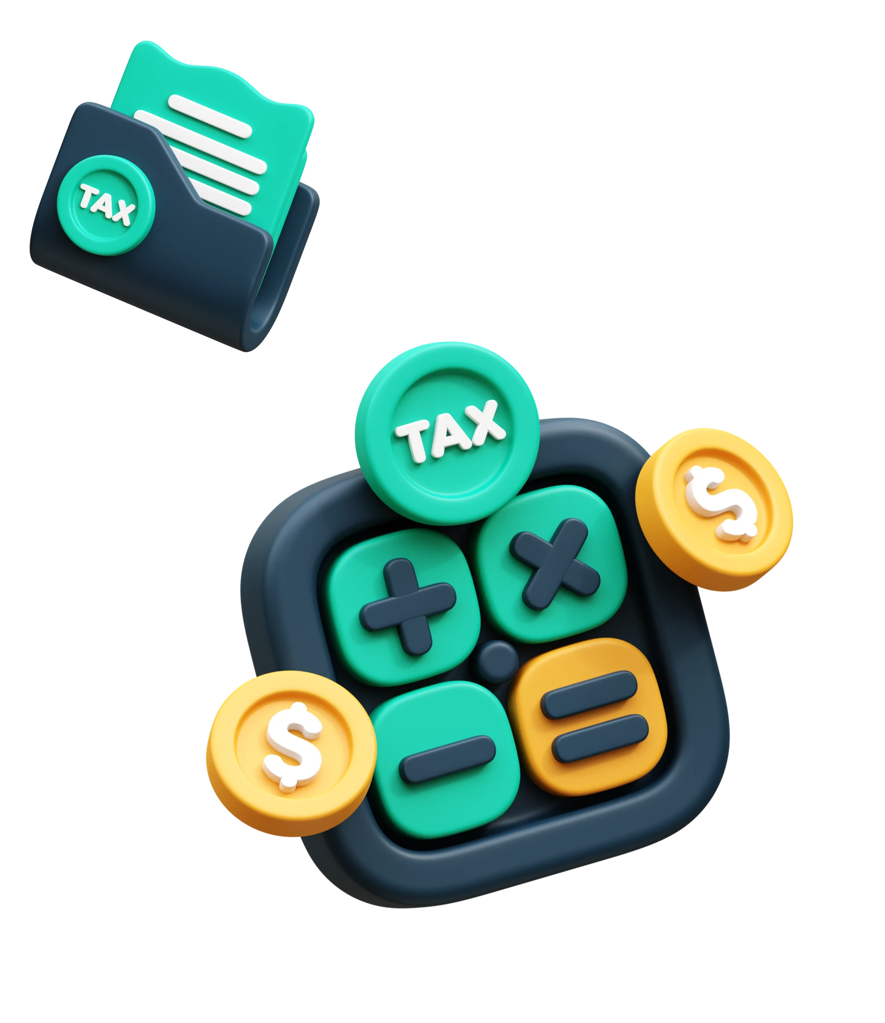 3D illustration of a tax folder and calculator with crypto coins, representing crypto tax projects