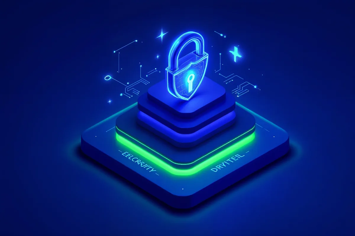Secure digital vault with a glowing padlock and encryption shield