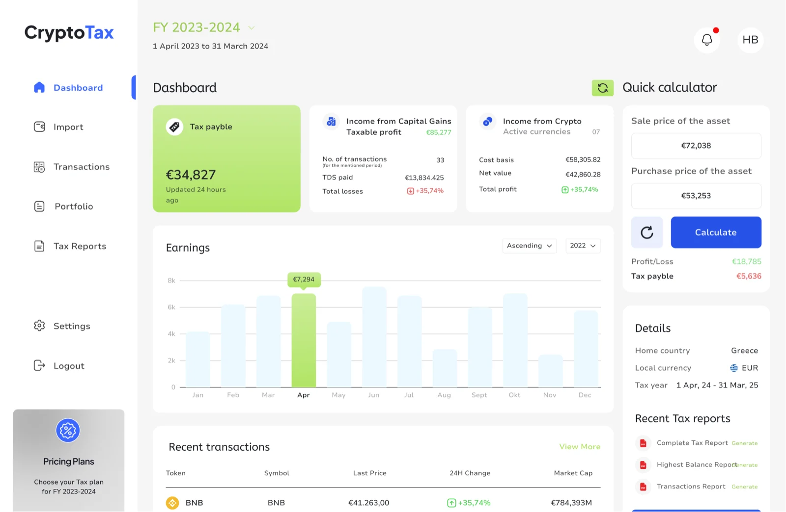 CryptoTax Guru dashboard showing tax payable, capital gains, earnings chart and tax reports for Greek and Cypriot crypto investors