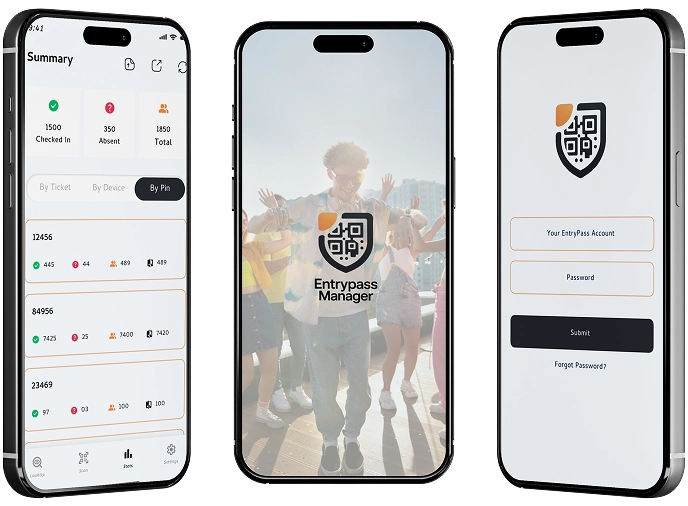 EntryPass Manager app - summary dashboard, scanner and login screens