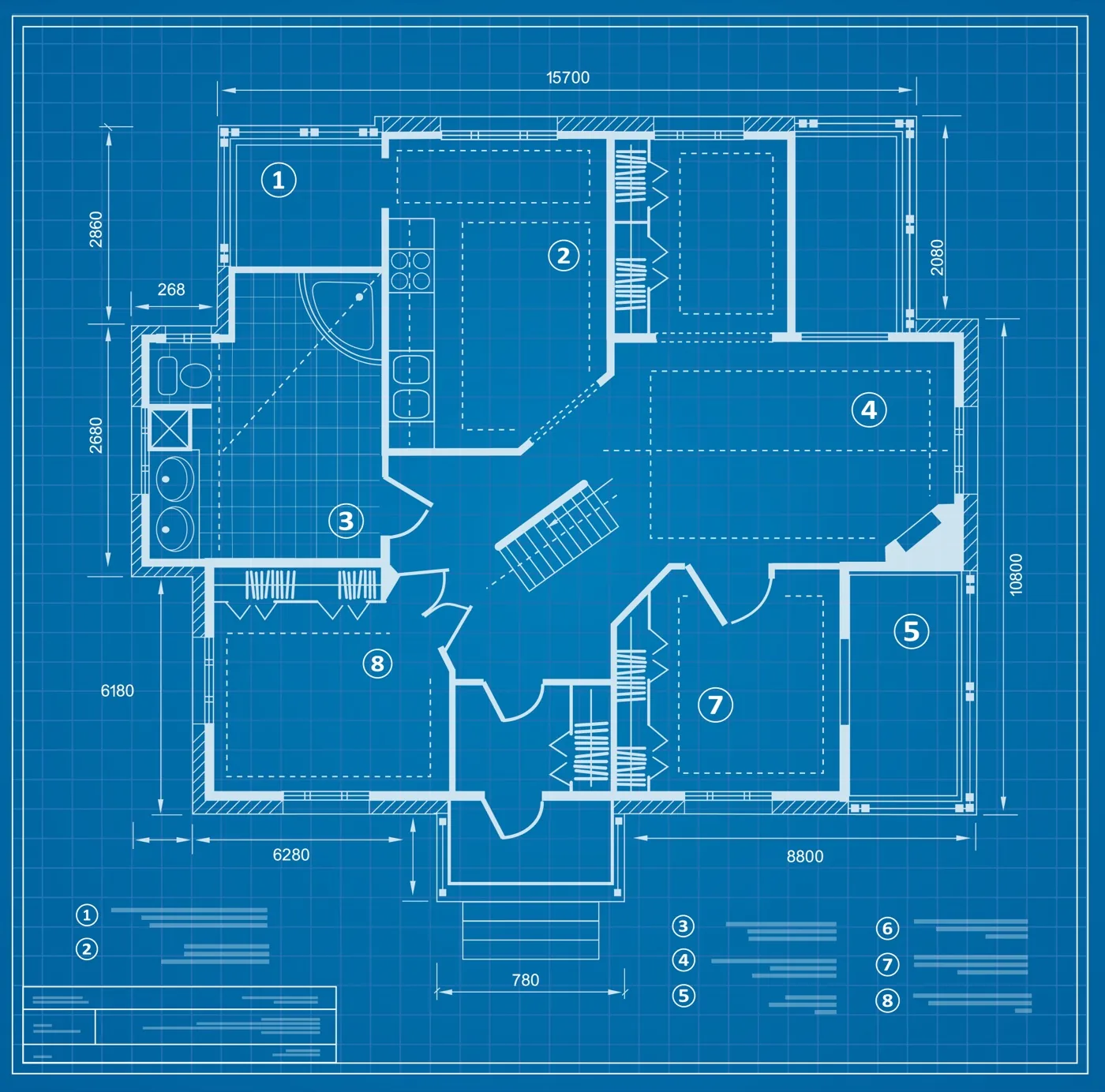 Blue blueprint floor plan with measurements generated by EventAR