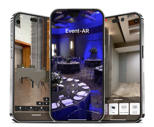 EventAR on three iPhones rendering a luxury banquet hall in augmented reality