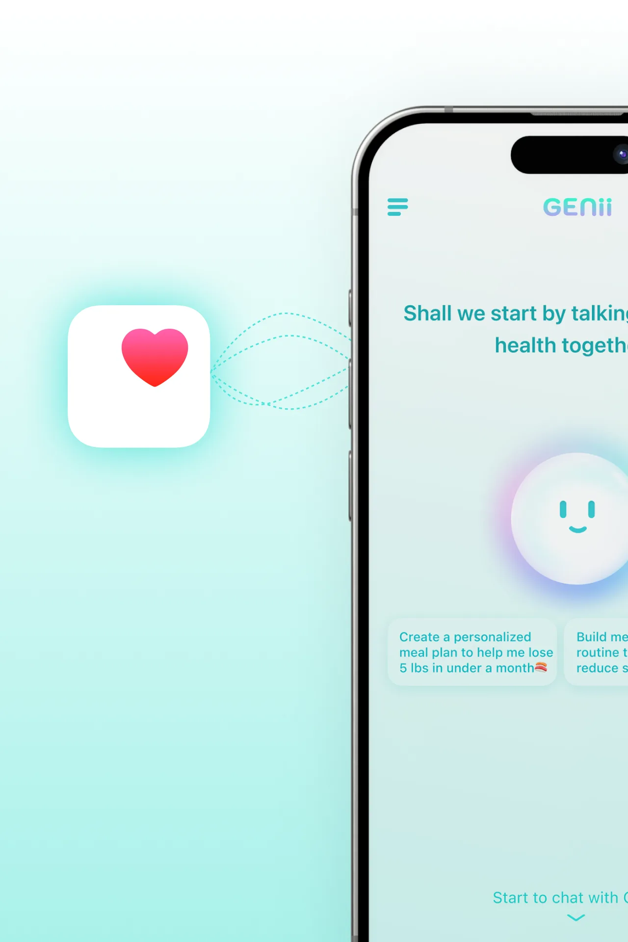 Genii screen showing Apple Health activity, sleep, and vitals