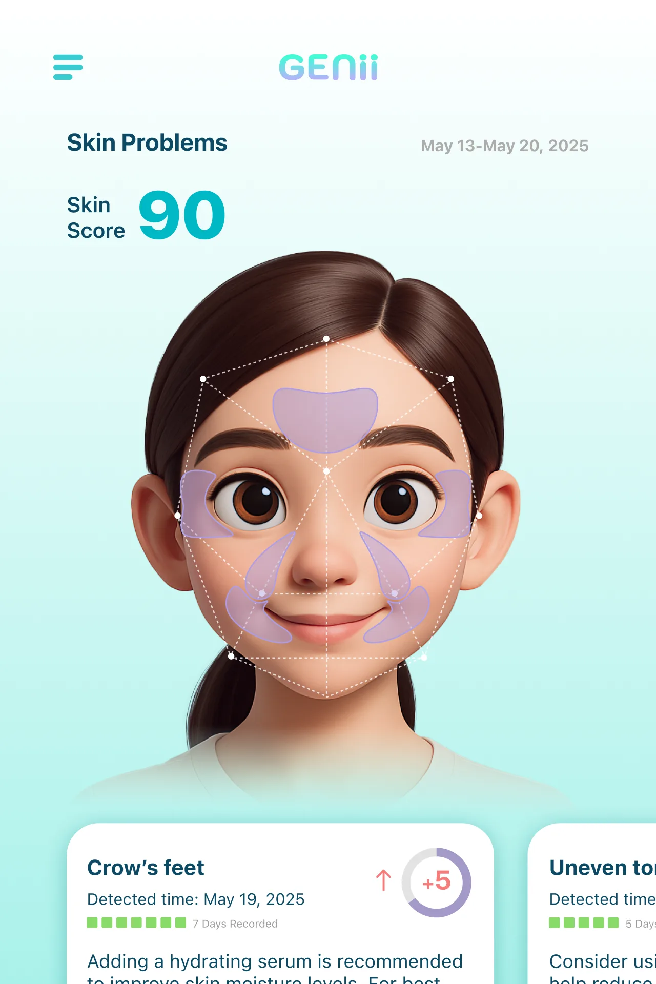 Genii health profile screen with body metrics and focus goals