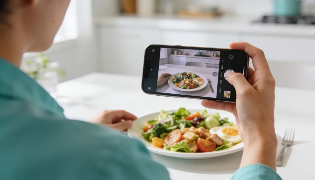 A person photographing their meal with a smartphone at a bright kitchen table