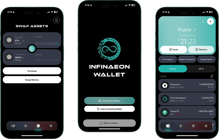 Infinaeon Wallet app: swap assets, home and token portfolio screens