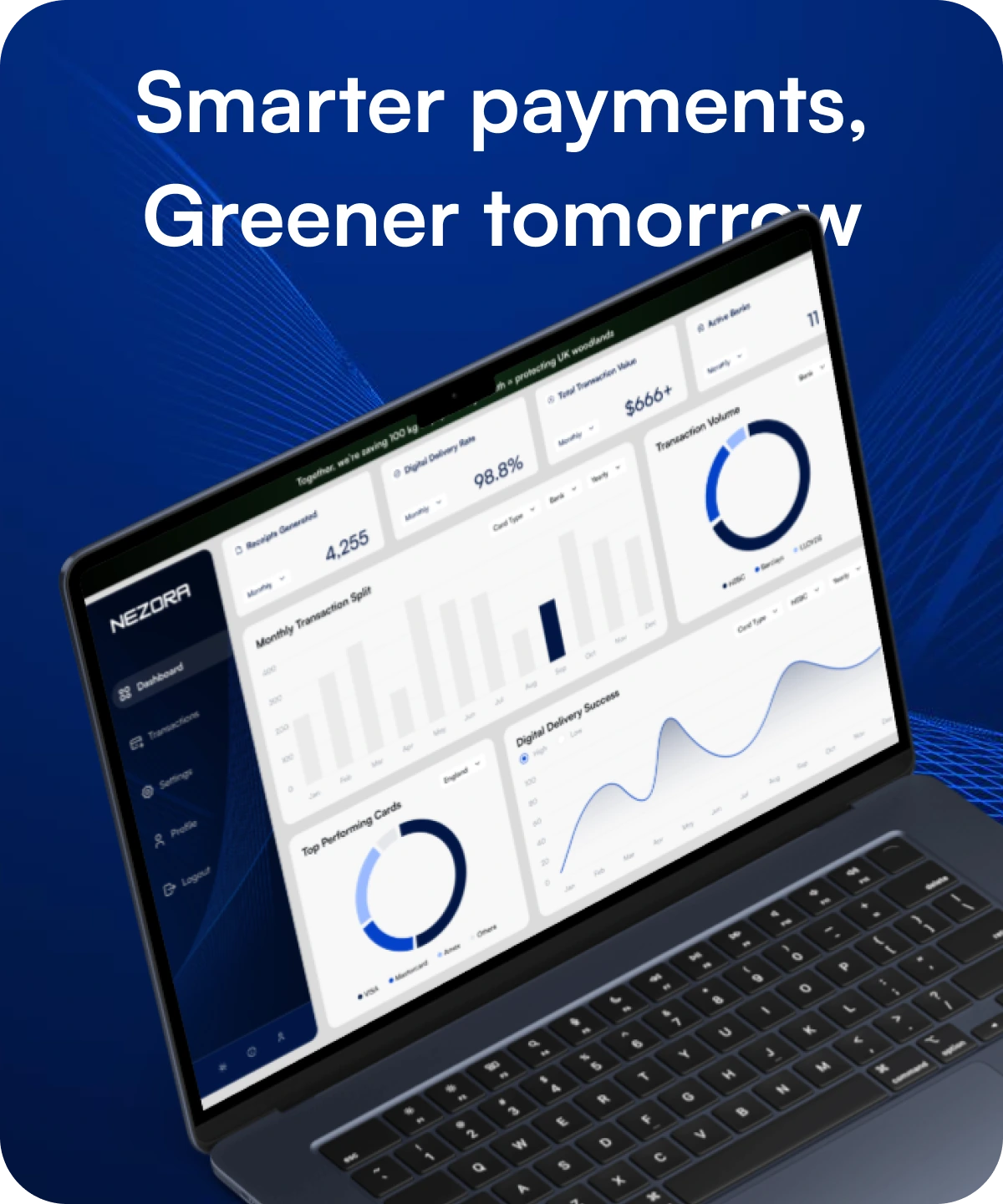 Nezora merchant dashboard on a laptop: smarter payments, greener tomorrow