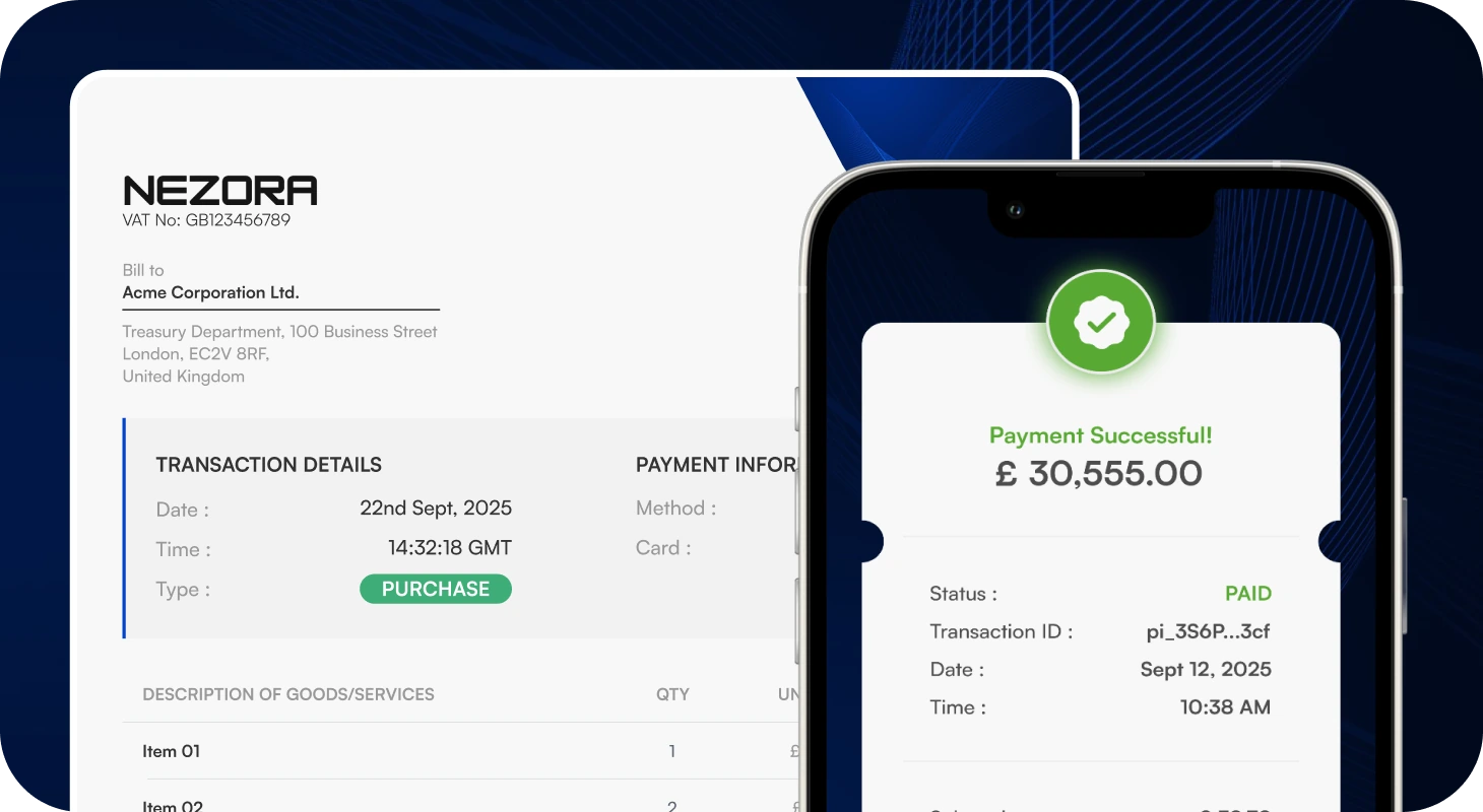 Nezora digital receipt and payment confirmation on a phone