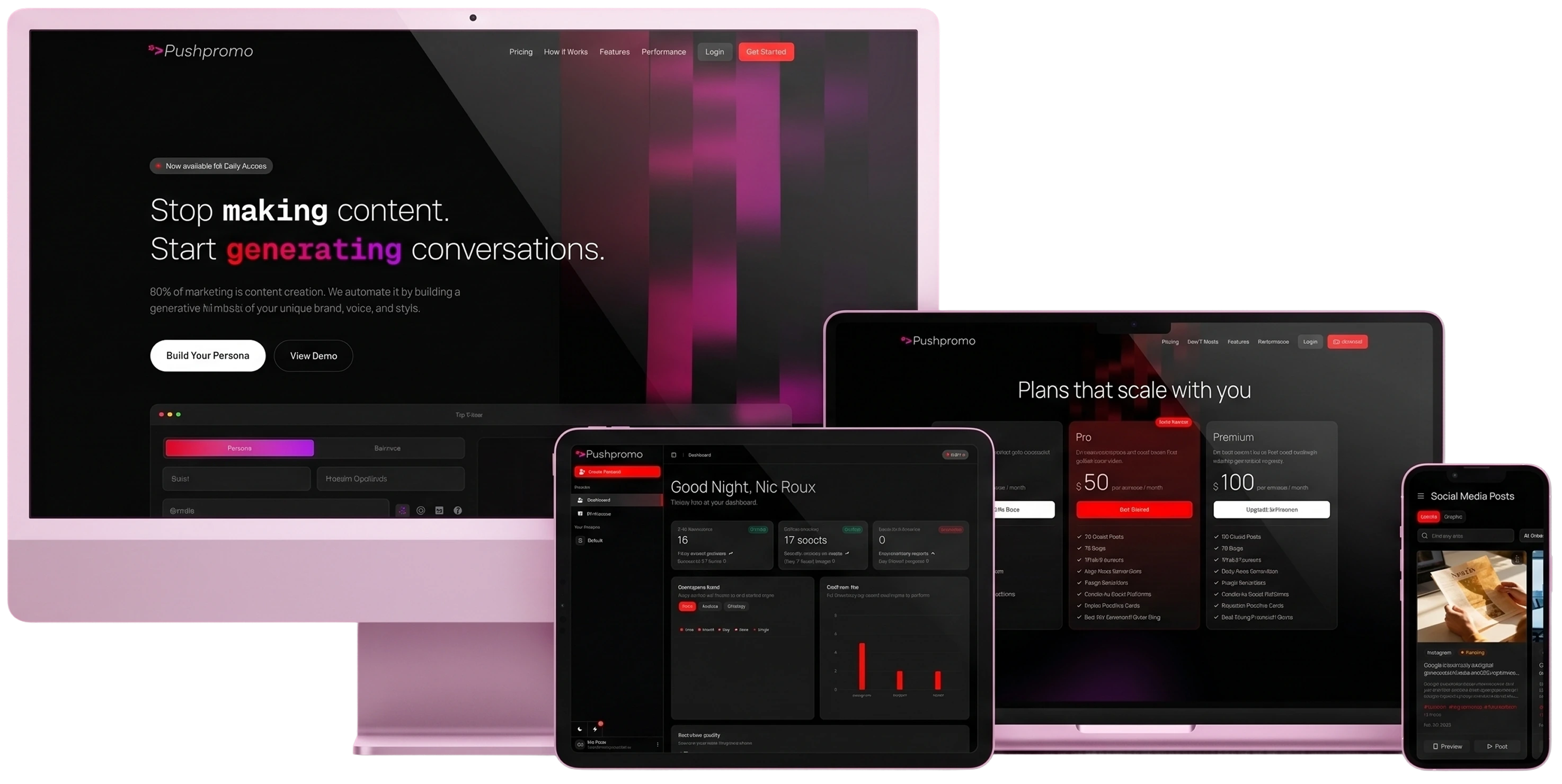 PushPromo generative AI platform on desktop, laptop and mobile