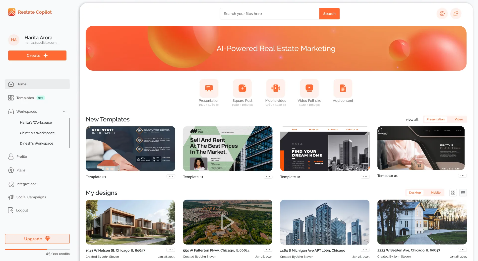 Restate Copilot - AI real estate marketing dashboard